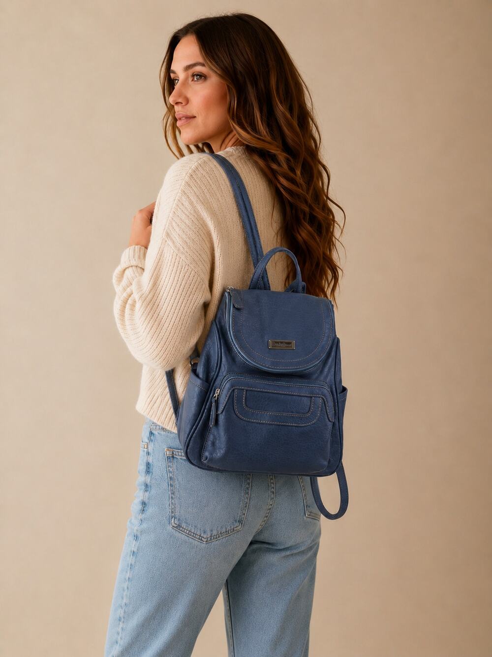 MultiSac Blue Faux Leather Mini Backpack Purse Small Travel Casual Bag